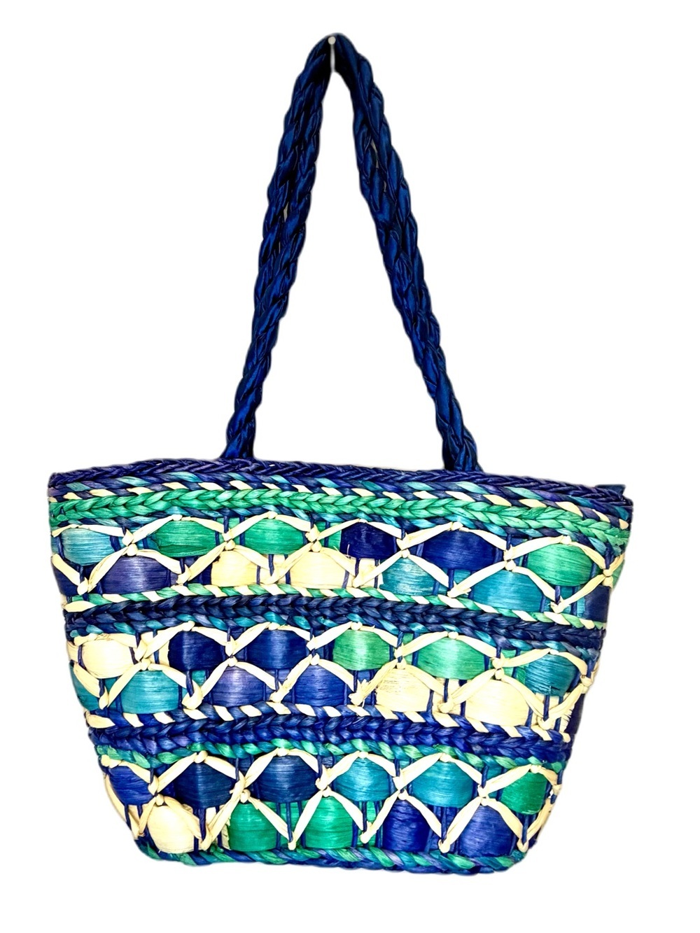 Cappelli Straworld Blue, Green & Cream Woven Straw Tote
